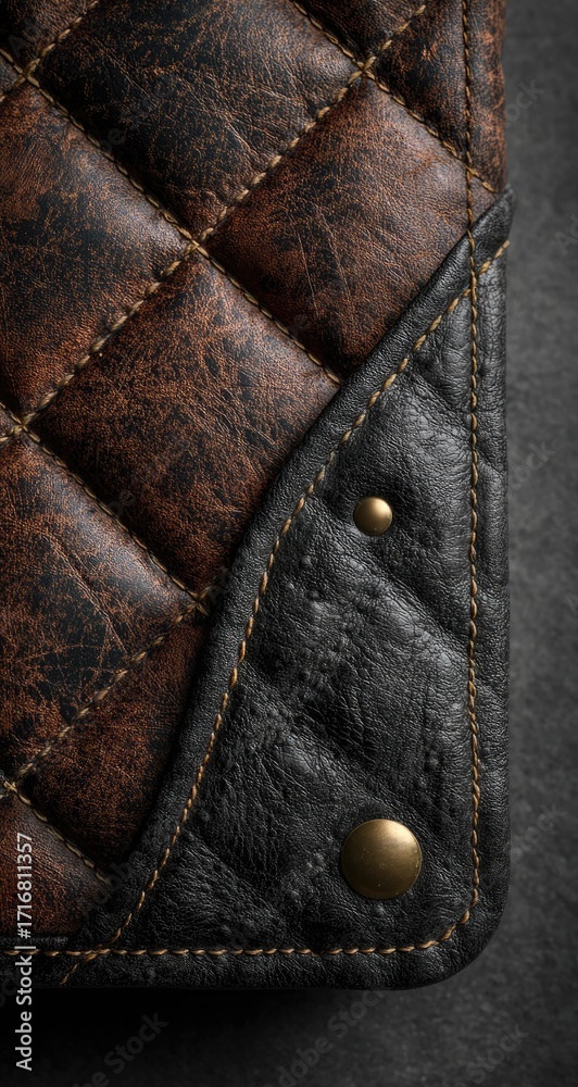 Obraz premium Detailed close-up of quilted brown leather with black corner detail and gold studs
