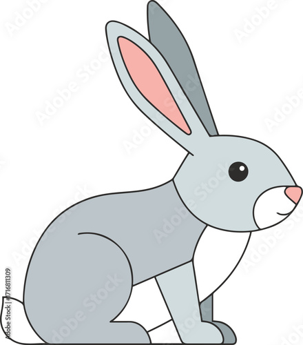  A charming illustration of a gray rabbit sitting peacefully.