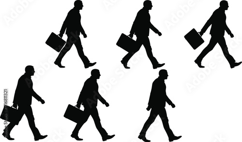 Silhouette businessman walking, office worker with briefcase, corporate professional, business people, career success, city commuting, executive lifestyle, work journey illustration