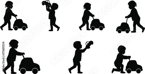Silhouette children playing with toy cars, kids pushing vehicles, toddlers playtime, childhood activity, fun learning, black vector illustration, isolated design