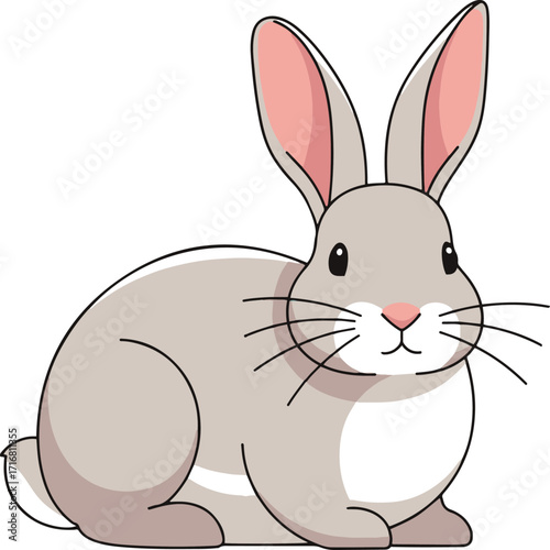 A charming illustration depicts a gray rabbit with pink ears and a white chest, rendered in a pixel art style.