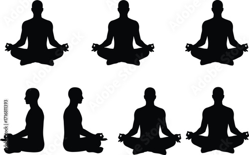 Silhouette man meditating, yoga lotus position, mindfulness, calm body, peaceful mind, inner balance, relaxation, fitness, wellness, spiritual practice, meditation