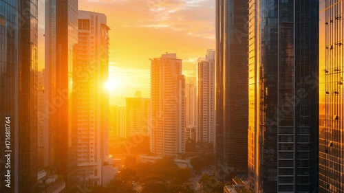 Stunning wide drone push-in shot capturing a vibrant city skyline at sunset, with golden light reflecting off modern skyscrapers, creating a warm, inviting atmosphere.
