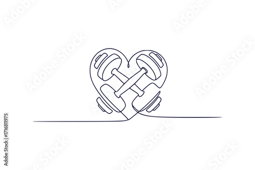 Continuous line art drawing vector illustration of a heart symbol combined with dumbbells