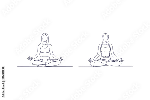 Continuous line art drawing vector illustration of women practicing yoga in lotus poses