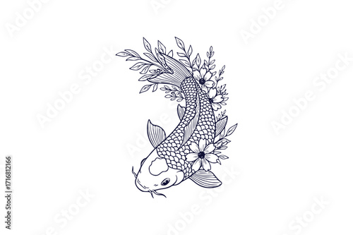 Japanese koi fish with floral pattern line art vector illustration on white background