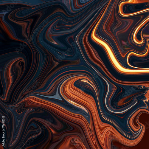 Molten abstract lava flow with glowing orange and black fluid swirls, fiery and powerful digital artwork. Golden keywords: lava, abstract, glowing, molten, fiery.