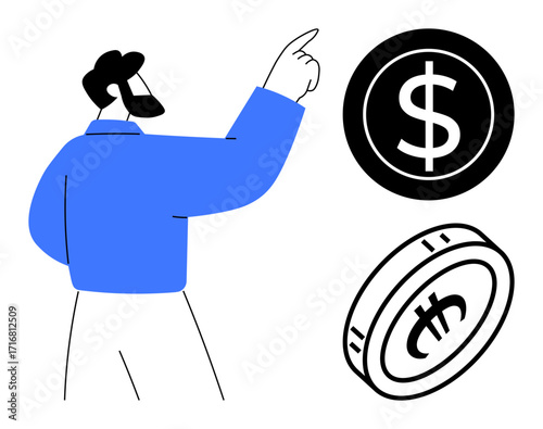 Man pointing towards dollar and cryptocurrency coin emphasizing finance, wealth, and investments. Ideal for economy, financial planning, cryptocurrency, business growth, budgeting, money management