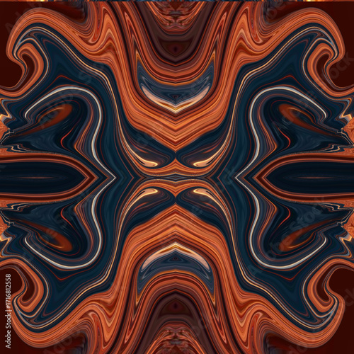 Symmetrical fiery abstract pattern in red and black, resembling tribal mask or digital art illusion. Golden keywords: abstract, fiery, tribal, symmetry, pattern.
