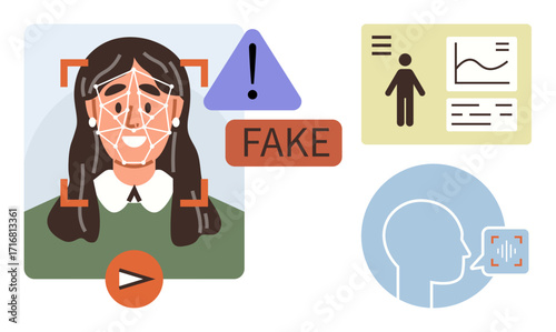 Facial recognition scanning individual, alert icon, fake tag, data charts, and voice analysis. Ideal for technology, security, fraud detection, AI ethics media integrity identity verification
