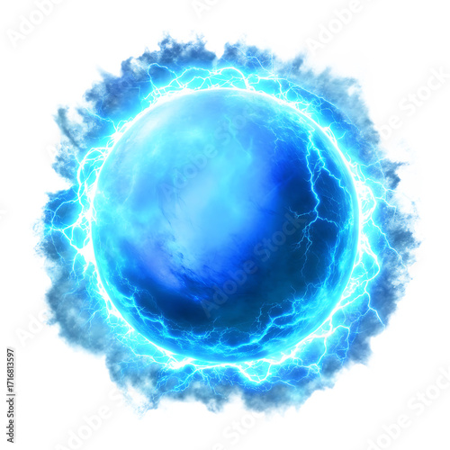 Blue energy sphere with lightning and smoke isolated on a transparent background.PNG.AI GENERATED