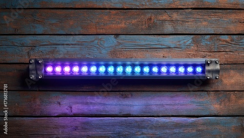 Long, horizontal light bar with numerous LEDs,  in shades of purple and blue, mounted on a weathered wooden plank wall