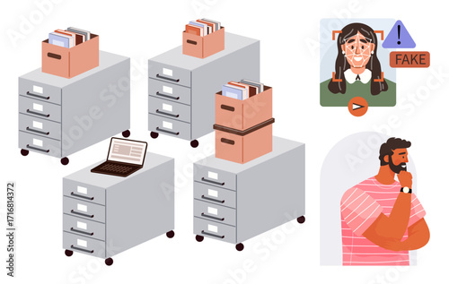 Filing cabinets with documents, laptop, man contemplating fake image warning. Ideal for data organization, critical thinking, fake news, information management, digital literacy, decision-making