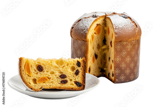 Italian panettone cake with raisins isolated on transparent background