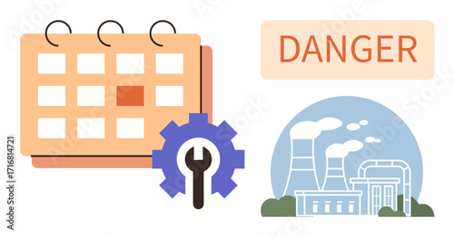 Calendar with highlighted date, gear with wrench, industrial plant, and danger sign. Ideal for planning, maintenance, risk management, industry safety, hazard assessment engineering and deadlines