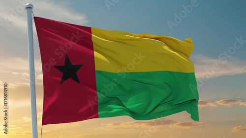 A realistic digital video of the Guinea-Bissau national flag waving proudly in the wind, morning sky in the background.