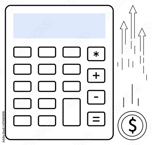 Calculator beside upward arrows and dollar coin conveying calculations, finance growth, budgeting, progress, planning, profitability, and accounting. Ideal for business success concepts in simple