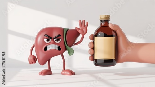 Cartoon liver character refusing alcohol bottle, symbolizing liver health, alcohol abuse prevention, and the importance of healthy lifestyle choices