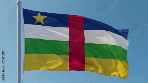 A realistic digital video of the Central African Republic flag waving in the wind during the morning, with a clear blue sky behind it.