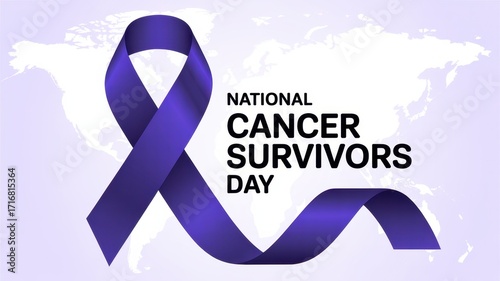 Commemorate national cancer survivors day with a purple ribbon and world map background to honor those who have overcome the disease