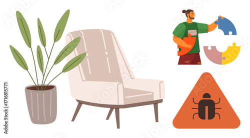 Chair and potted plant emphasizing comfort, person assembling colorful puzzles, and bug sign highlighting caution. Ideal for decor, teamwork, problem-solving, creativity, warnings, interior design