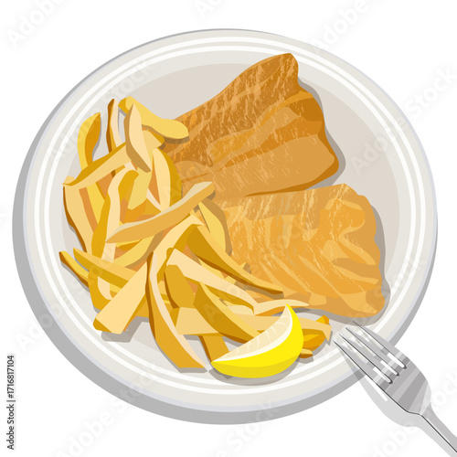 Fried cod with French fries and a lemon slice on a white plate with a steel fork. Traditional Greek cuisine. Vector food illustration.