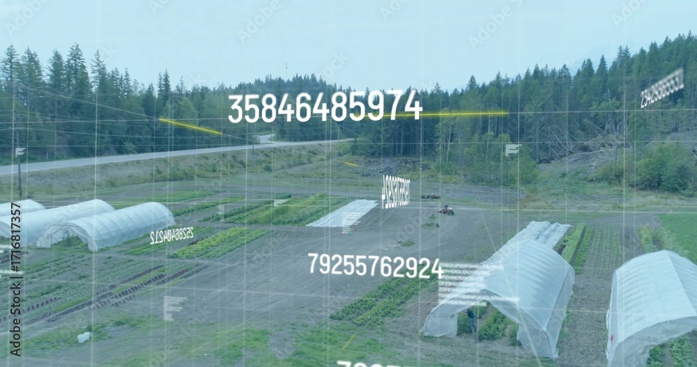 Naklejka premium Monitoring field with tractor tilling crop rows, with hoop houses, digital grid overlay and numbers