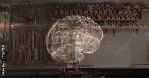 Floating mesh brain hologram hovering above tripod stand in woodshop with tools and birdhouses