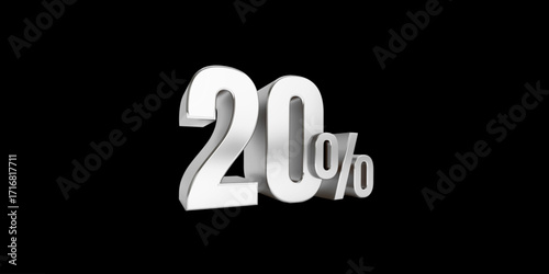 Silver twenty percent on a black background. 20% income or 20% off on sale concept. 3d render