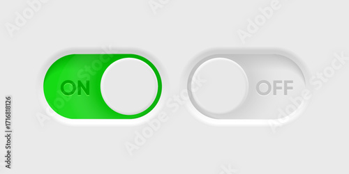 3d On and Off toggle switch icons. Switch toggle buttons ON OFF. Material design switch buttons set. Open and close ui icons. Active and Inactive icon. Stock Vector.