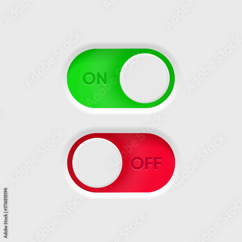 3d On and Off toggle switch icons. Switch toggle buttons ON OFF. Material design switch buttons set. Open and close ui icons. Active and Inactive icon. Stock Vector.