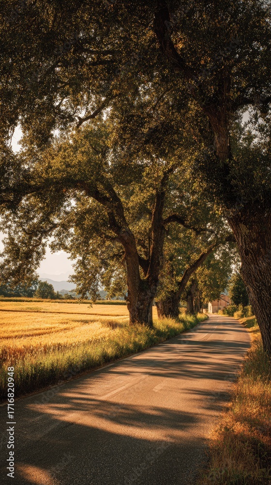 Fototapeta premium Road framed by large trees, leading to fields on a sunny day
