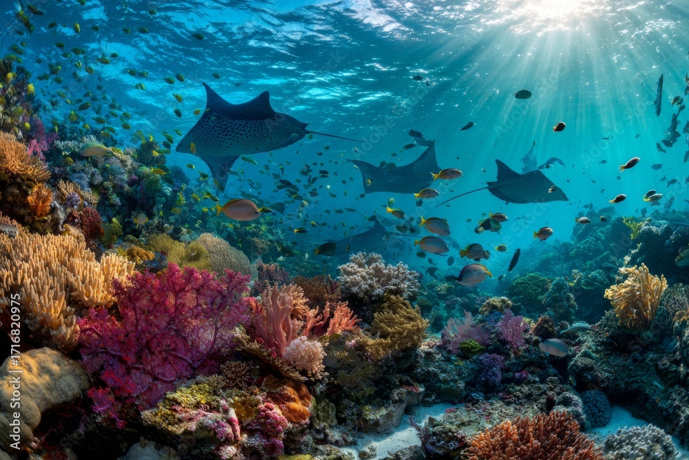 Fototapeta premium Oceanic Symphony: Dive into an underwater realm, where graceful rays glide through the turquoise waters above a vibrant coral reef, teeming with marine life. A breathtaking display of aquatic wonder.
