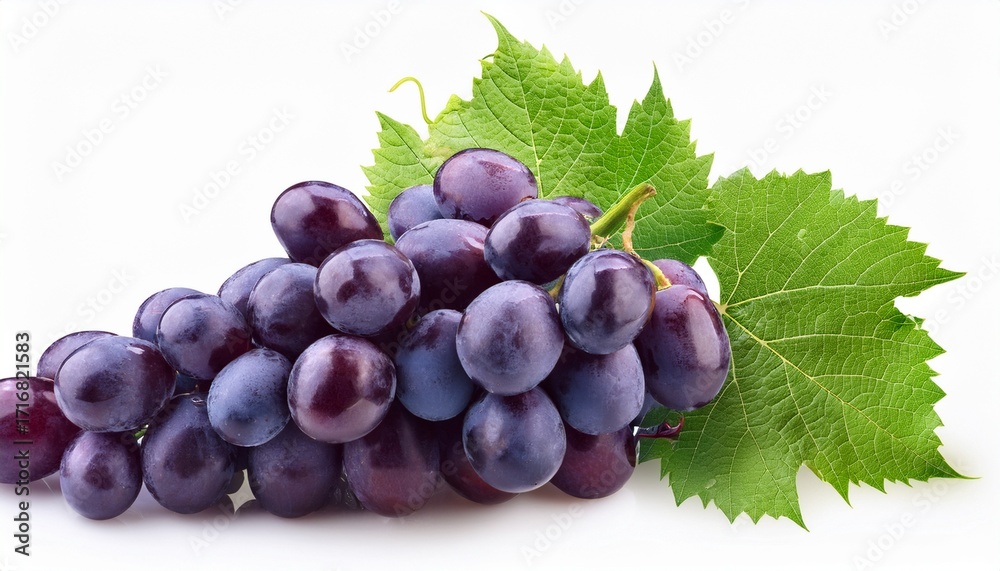 Fototapeta premium Fresh Juicy Dark Purple Grape Cluster With Green Leaf Isolated On White Background