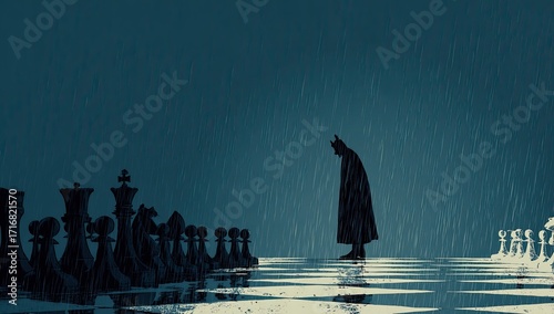 Rain-soaked hero contemplates chessboard strategy