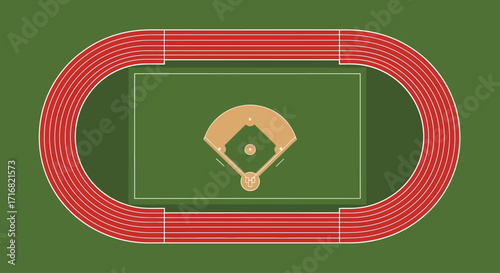 Overhead view of a baseball diamond inside a running track, both centered on a green background.