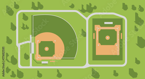 Aerial view illustration of a baseball field and a softball field side-by-side, surrounded by trees and pathways.