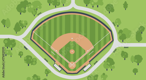 Overhead view of a baseball diamond surrounded by parkland.