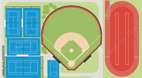 Overhead view of a sports complex featuring baseball field, tennis courts, and running track.