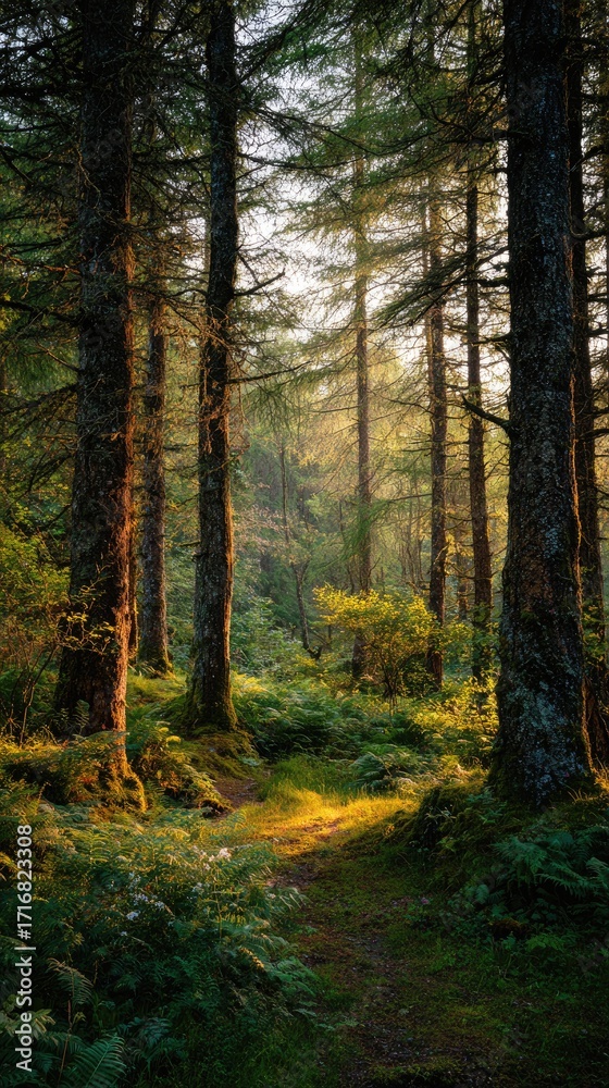 Obraz premium Sunlight streams through a forest, illuminating a path & lush greenery