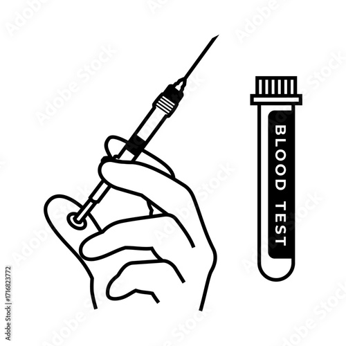 Vector design illustration icon showing a syringe taking a blood sample and a test tube, representing medical testing and healthcare.