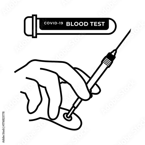 Black and white outline illustration showing a hand using a syringe for a COVID-19 blood test with a labeled test tube.