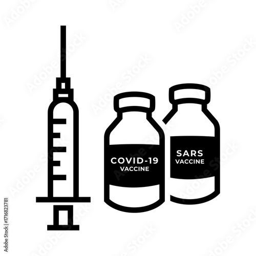 Design vector illustration icon showing a syringe with two vaccine vials labeled COVID-19 and SARS, symbolizing medical treatment and immunization.