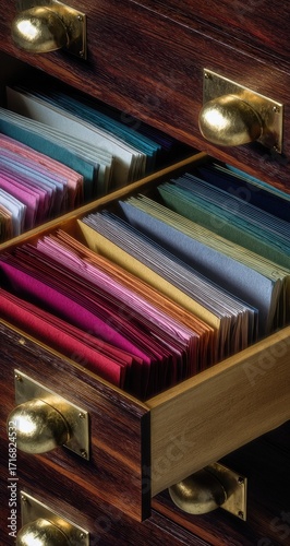 Wooden file cabinet with open drawers filled with colorful documents