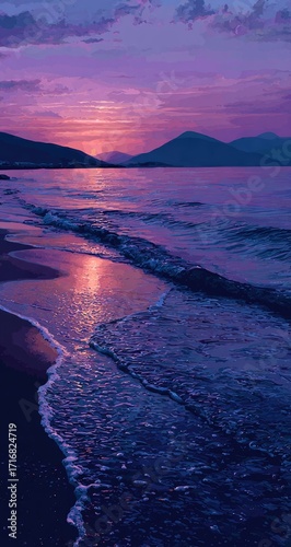 Purple Sunset Beach Waves Ocean Mountains Mobile Wallpaper
