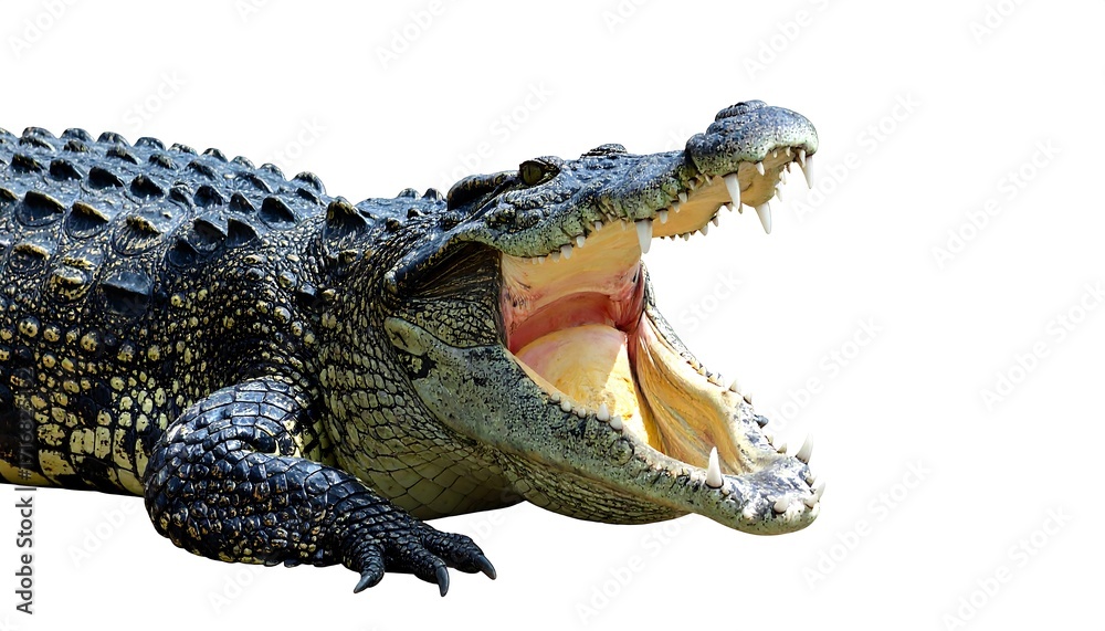Fototapeta premium A large crocodile with an open mouth, showcasing its sharp teeth, against a plain white background.