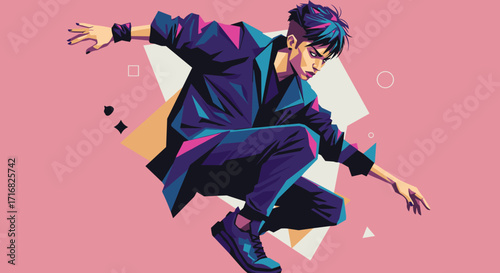 Young man dancing in urban style with vibrant colors and patterns  