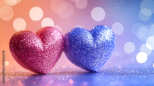 Two glitter hearts on a blurred background