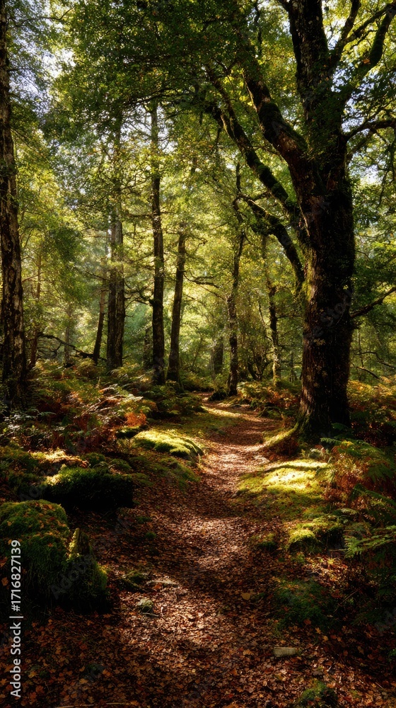 Obraz premium Sunny forest trail winding through lush green trees, dappled light