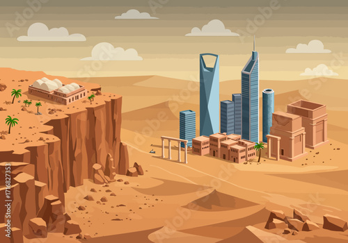 Modern city skyline rises from desert sands beside ancient ruins